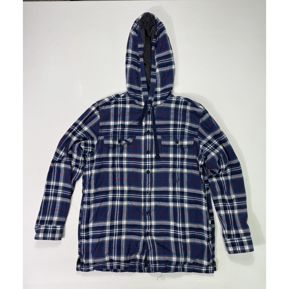LL Bean Men Medium Blue Plaid Hooded Flannel Fleece Lined Shacket Jacket 298193